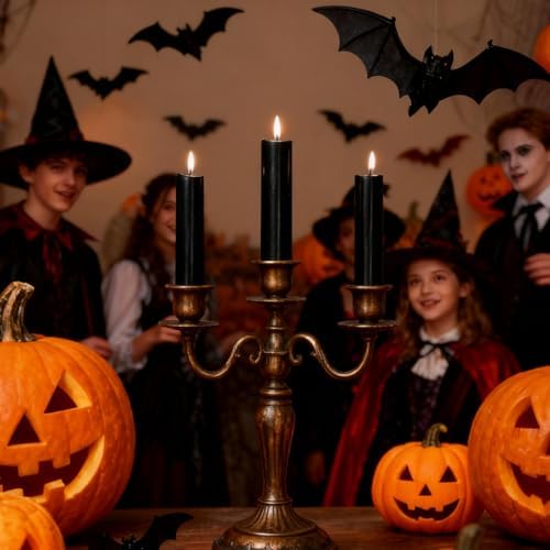 NJAO HOO Black Short Taper Candle 7 Inch Halloween Candlesticks Unscented Dripless Tapered Candle Set for Home Decor Wedding Party Dinner Candles, 4 Pack