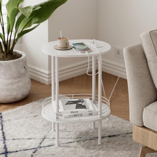 Small Oval Side Table with Charging Station, 2-Tier White Round End Table