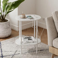 Small Oval Side Table with Charging Station, 2-Tier White Round End Table