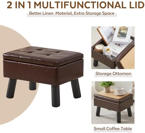 Storage Ottoman, Small Foot Stool Ottoman with Storage, Faux Leather Foot Rest with Wood Legs, Footstool for Living Room, Bedroom, Entryway, Brown