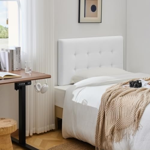 Linen Stitched Tufted Twin Headboard, Adjustable Height 37.2-46 in, White