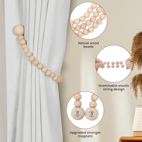 KLOGTSIND Magnetic Curtain Tiebacks, 4 Pack Wood Bead Curtain Holdbacks
