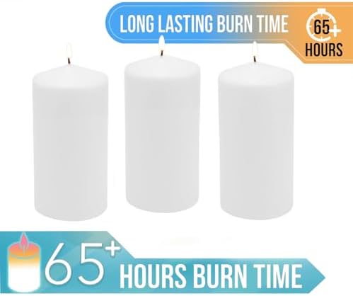Stonebriar 3 Pack Tall 3 x 6 Inch 65 Hour Long Burning Unscented White Wax Pillar Candles
