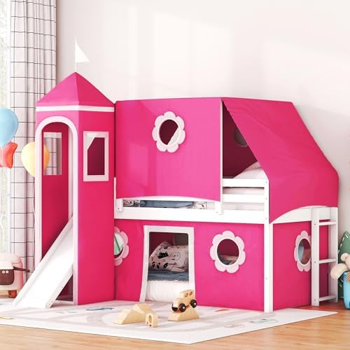 Castle Loft Bed with Slide & Tent and Tower, Playhouse Design Spacious Under Bed Space with Curtains, Wood Tent Bed Frame for Kids Boys Girls (Pink, Twin)