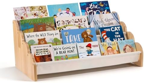 Puricon 4-Tier Kids Bookshelf, Wooden Bookcase Organizer for Toddlers with Deep Pockets & Wavy Edge, Decorative Front-Facing Sling Book Rack for Kids Rooms, Nursery, Playroom and Classroom -Beige
