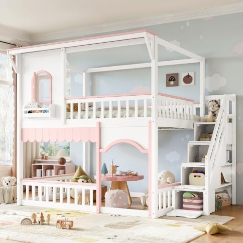 Full Over Full Size House-Shaped Wooden Bunk Bed with Window, White