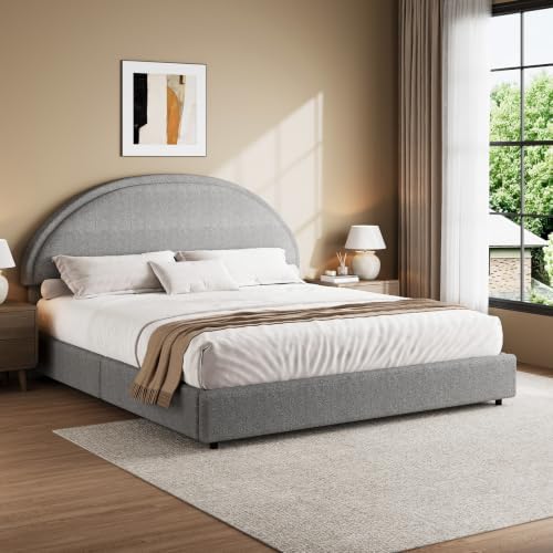 REVOMINCA King Size Bed Frame, Upholstered Platform Bed with Headboard, Boucle Bed Frame with Round Corner, No Box Spring Required, Easy Assembly, Grey