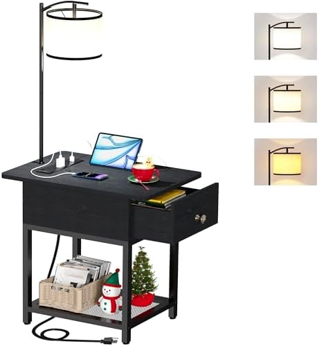 runjuly Floor Lamp with Table, Narrow Side Table with Charging Station