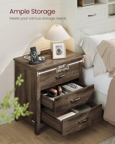VASAGLE Farmhouse Nightstand with Charging Station, Set of 2, 3 Drawers