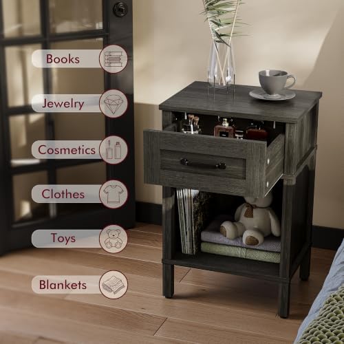 Farmhouse Nightstands with Drawer, Small Wooden Side Table, Modern Bedroom Night Stand, Wood Night Table, Grey Bedside Table with Storage, End Table for Living Room LET512GW