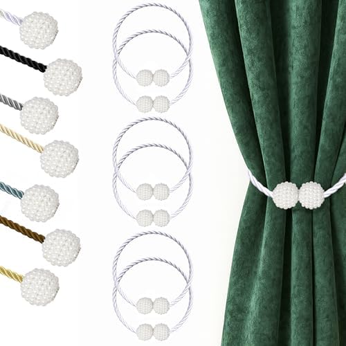 Hion Magnetic Curtain Tiebacks White 6pcs, Curtain Holdbacks Hooks Holders