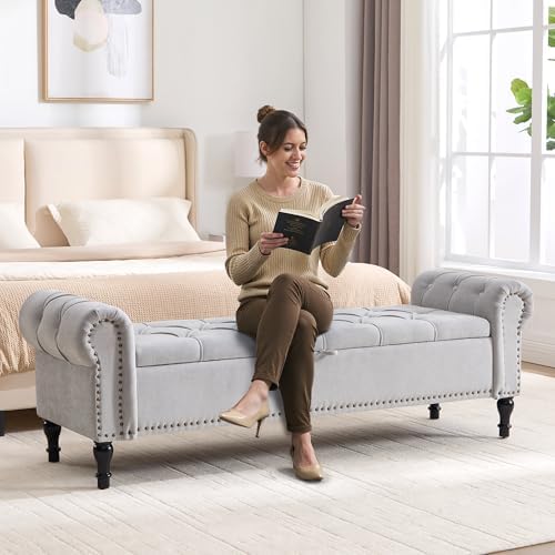 Storage Bed Bench for Bedroom, Chenille 67" End of Bed King Size Benches with Armrest, Tufted Button Upholstered Ottoman Bench for Living Room, Entryway, Silver Grey