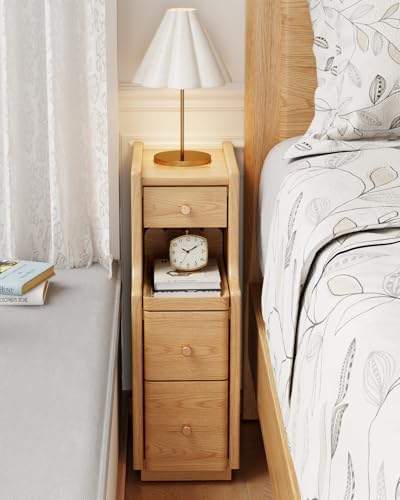 Solid Wood Narrow Nightstand with 3 Drawers,Modern Natural,Fully Assembled