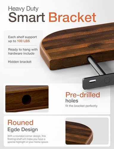 BATODA Set of 2 17" Acacia Wood Floating Shelves for Wall, Walnut Color