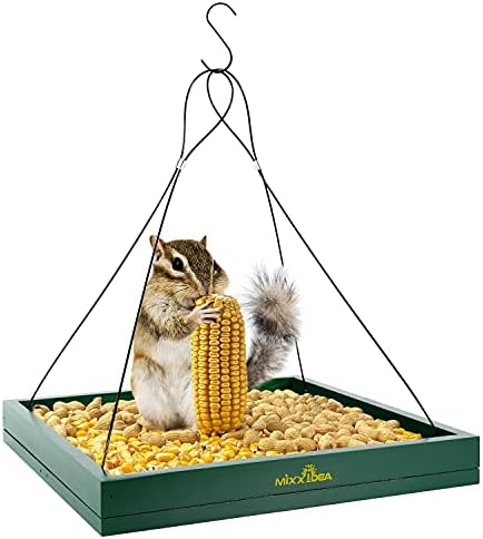 MIXXIDEA Bird Feeder Hanging Tray, Bird Feeders for Outdoors, Wooden Seed Tray Platform Mesh Seed Platform for Garden Yard Outside Decoration Attracting for Wild Birds (Green-1pk)