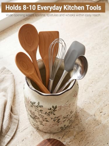 Ceramic Utensil Holder for Kitchen Counter, Vintage Floral Farmhouse Décor