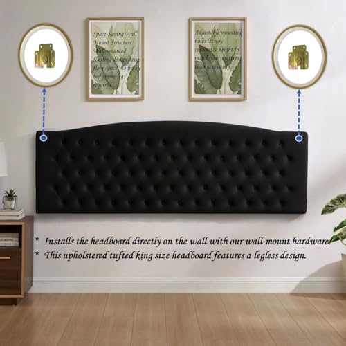 24KF Upholstered Tufted Button Velvet Wall Mounted Headboard,Comfortable Fashional Headboard King/CA King Size, 6058-K-Black
