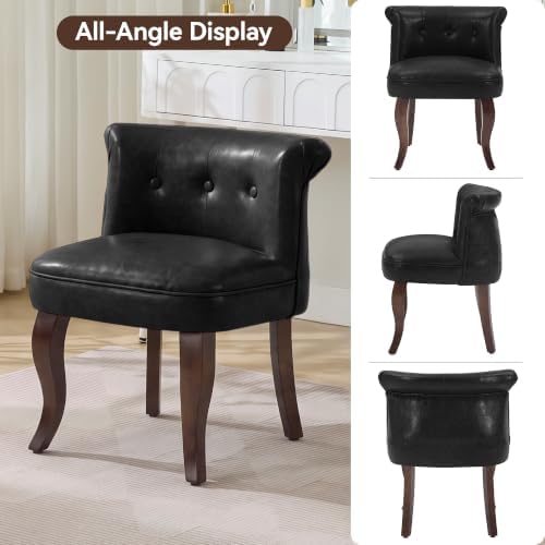 WUTUTUEE Leather Vanity Chair with Back, Tufted Upholstered Vanity Stool with Solid Wood Legs, Mid Century Small Makeup Chair for Vanity, Accent Chair for Bedroom, Living Room, Black