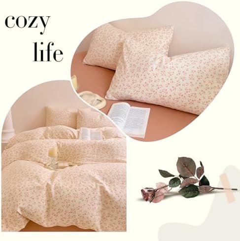HighBuy Cottage Muslin Duvet Cover Twin Size Teen Girls Floral Bedding Set Farmhouse Chic Pink Floral Pattern Quilt Comforter Cover with Zipper Closure,Soft Cotton Gauze Bedding Set
