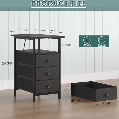 sthmec End Table with Charging Station, Side Tables Livingroom with USB Ports and Outlets,Narrow Nightstands Bedside Tables with 3 Drawers PU Finish for Small Space,Slim Sofa Table Bedroom,Black