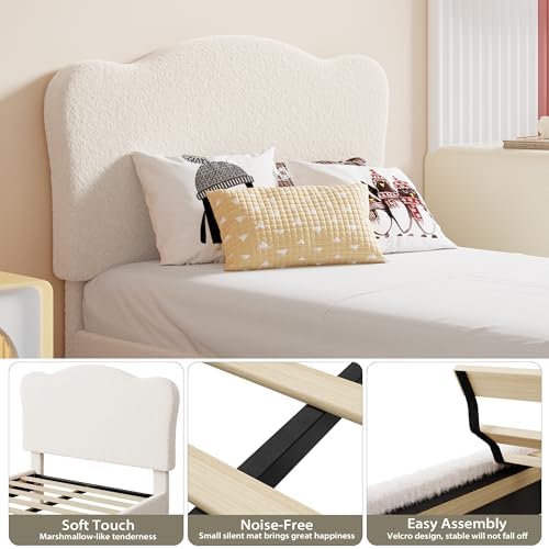 Garvee Upholstered Twin Size Bed Frame for Kids with Scallop Headboard, Cute Velvet Twin Bed for Girls, Boys, Sturdy Platform Bed, No Box Spring Needed, Wooden Slats, Noise Free, Beige
