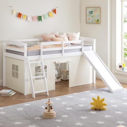 Spirich Solid Wood Kids Twin Loft Bed with Slide and Under-Bed Play Curtain