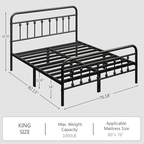 zunatu King Size Metal Bed Frame, Victorian Style Headboard and Footboard