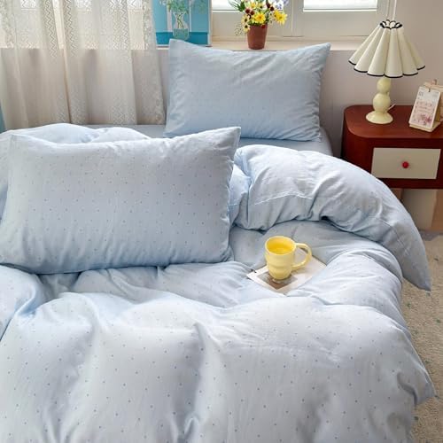 LifeTB Blue Duvet Cover Twin Size, Polka Dot Duvet Cover with 2 Pillowcases, 100% Muslin Cotton Breathable Gauze Comforter Cover, Aesthetic Coquette Polka Dot Bedding Set for All Seasons