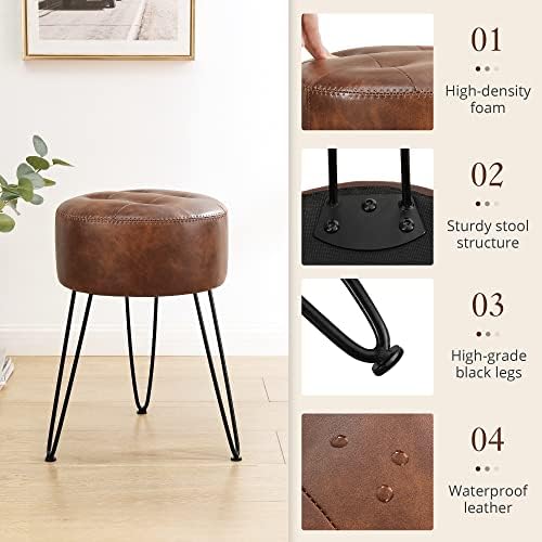 LUE BONA Reddish Brown Vanity Stool Chair for Makeup Room, Tufted Faux Leather Stool for Vanity, 19 inch Height, Vanity Chair with Metal Legs, Modern Foot Ottoman for Bedroom, Living Room