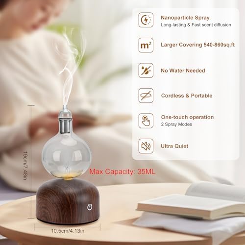 Lychee Rechargeable Waterless Essential Oil Diffuser, Aromatherapy Spray Glass Oil Diffuser, Touch Control with 2 Modes,Travel Portable，Silent Operation and Auto-Off Yellow Light for Home Office
