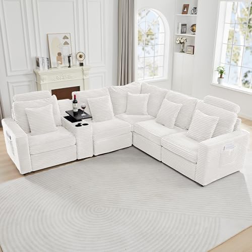 LEVNARY Modular Lift-Top Console with USB Charging and Cup Holders, Center Storage Module for Modular Reclining Sofa (White)