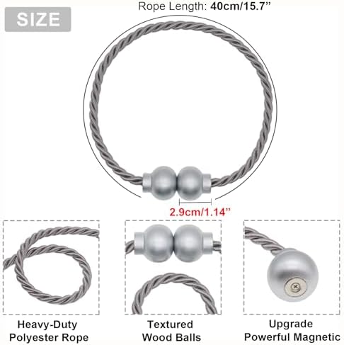 2Pcs Magnetic Curtain Tiebacks Modern Handmade Rope Curtain Tie Backs Grey