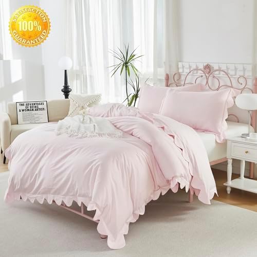 Brandream Kid's Organic Scallop Duvet Cover Set Twin/Twin XL Pink Girls Bedding Size Soft Breathable Luxury Bed Set for Dorm Room Grandmillennial Cottagecore Coquette Hotel Style Bedroom