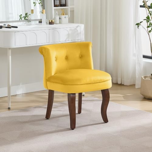 WUTUTUEE Velvet Vanity Chair with Back, Tufted Upholstered Vanity Stool with Solid Wood Legs, Mid Century Small Makeup Chair for Vanity, Accent Chair for Bedroom, Living Room, Yellow