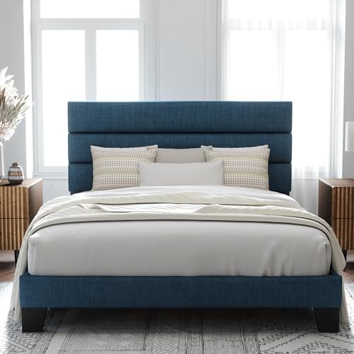 Allewie Full Size Platform Bed Frame with Fabric Upholstered Headboard Blue