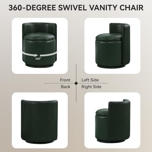 Faux Leather Vanity Chair with Storage, 360° Swivel Makeup Chair,Dark Green