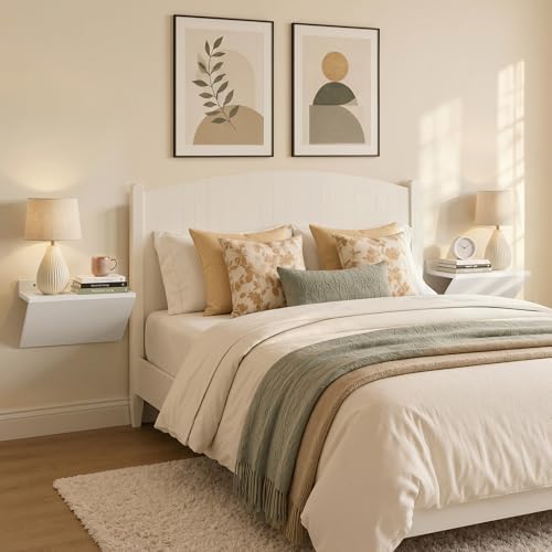Floating Nightstand Set of 2 White Wood Bedside Table Wall Mounted