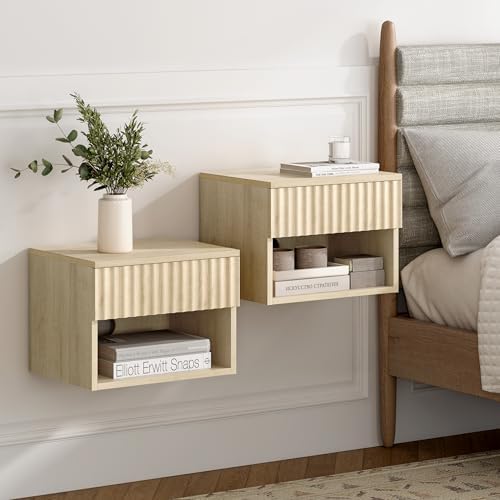 EYYTHUNG Small Fluted Floating Nightstand, Bedside Table Set of 4 with Drawer, Modern Night Stand with Fluted Door and Open Storage Shelf Wall Mounted for Bedroom, Entryway Light Oak