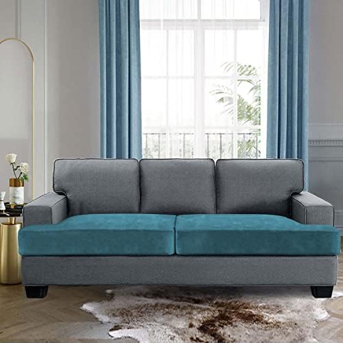 H.VERSAILTEX Stretch Velvet 2 Piece T Cushion Sofa Slipcovers Individually Sofa Cushion Covers for 2 Cushion Couch Seat Cushion Cover for Sofa Seat Cushion Cover Stay in Place (Sofa,Peacock Blue)