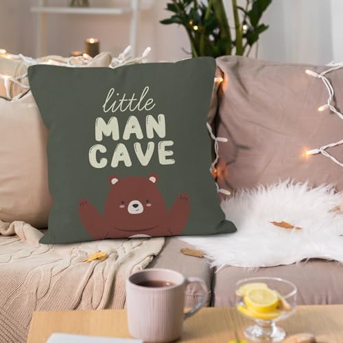 Bear Nursery Decor Throw Pillow Covers 18x18, Little Man Cave Decorative Pillow Covers for Kids Boys Bedroom Room Playroom, Boys Room Decor Accent Pillows Cover Pillowcases