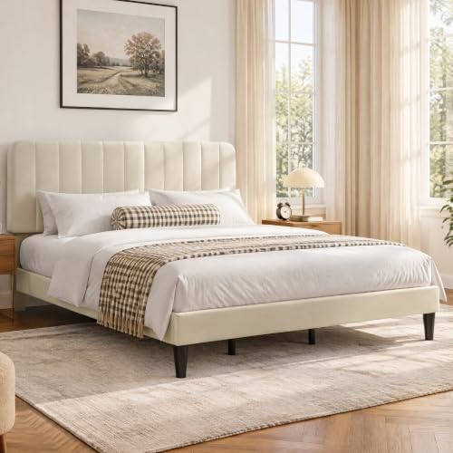 VECELO King Size Bed Frame with Upholstered Headboard, Velvet Platform Bedframe Mattress Foundation, Strong Wood Slat Support, No Box Spring Needed,Velvet Beige