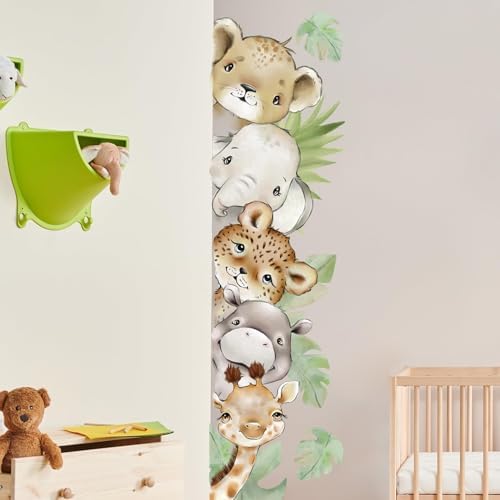 55.12 x 15.75 InchWatercolor Jungle Animal Wall Decals Tiger Elephant Zebra Giraffe Hippo Forest Wall Stickers Removable Peel and Stick Stickers for Baby Nursery Playroom Bedroom Classroom