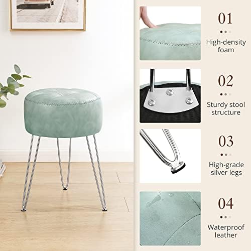 LUE BONA Small Vanity Stool Chair for Makeup Room, Mint Green Stool for Vanity, 19” Height, Tufted Faux Leather Vanity Chair Stool with Metal Legs, Modern Foot Stool Ottoman for Bedroom, Living Room
