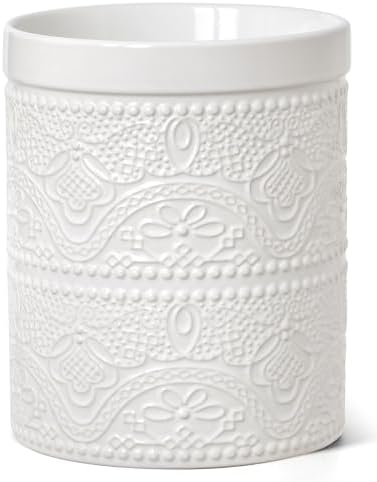 FUN ELEMENTS Kitchen Utensil Holder, 7.2" Super Large Utensil Crock Heavy and Stable Lace Emboss Ceramic Utensil Holder for Kitchen Counter (Bright White)
