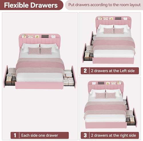 IDEALHOUSE Queen Bed Frame with 2 Flexible Drawers and Bookcase Headboard, Boucle Upholstered Platform Bed for Boys/Girls, Noise-Free, Easy Assembly, No Box Spring Needed, Pink