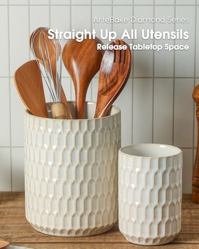 Ceramic Kitchen Utensil Holder for Counter, 7.5"+5.3", Beige