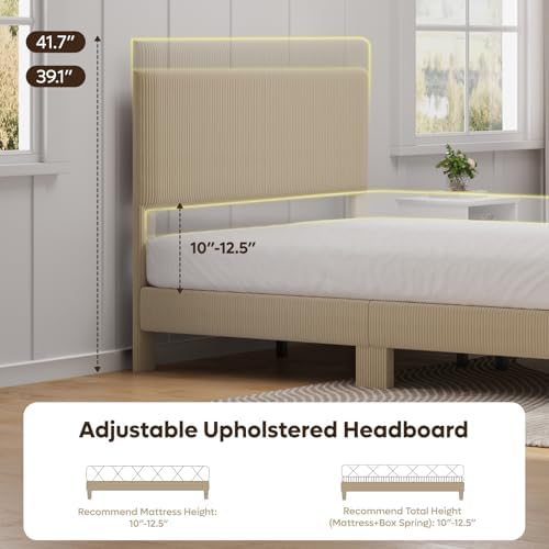 Bestier Full Size Bed Frame with Adjustable Headboard,LED Light,Taupe