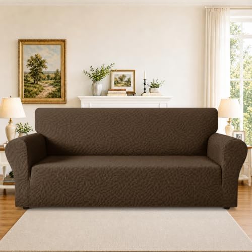 ZNSAYOTX 1 Piece Stretch Sofa Covers for 3 Cushion Couch (72"-90"), New Plaid Couch Cover with Non-Slip Buckle for Dog Pets, Ultimate Soft Cozy Washable Sofa Slipcover Form Fit Protector, Coffee