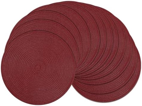 SHACOS Round Placemats Set of 12 for Dining Table 15 inch Round Braided Place Mats Cotton Polyester Washable Non Slip Kitchen Table Mats, Burgundy