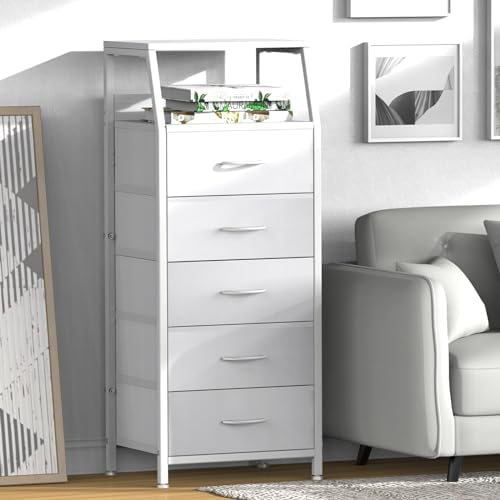 5 Drawers White Tall Fabric Dresser for Bedroom, Dorm Nightstand